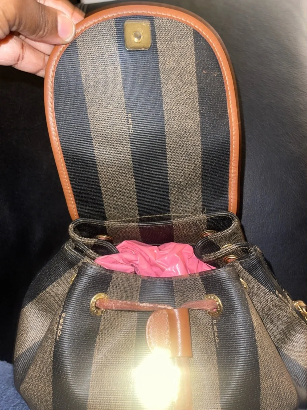 Fendi Vintage Pecan Striped Pequin Coated Canvas Small Backpack EUC